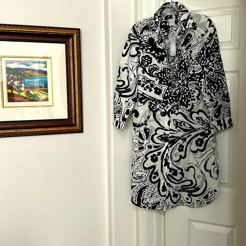 CHICO’s LINEN MAXI TUNIC PT PATTERN WOVEN TOP BLACK 570327928 SIZE OP NEW